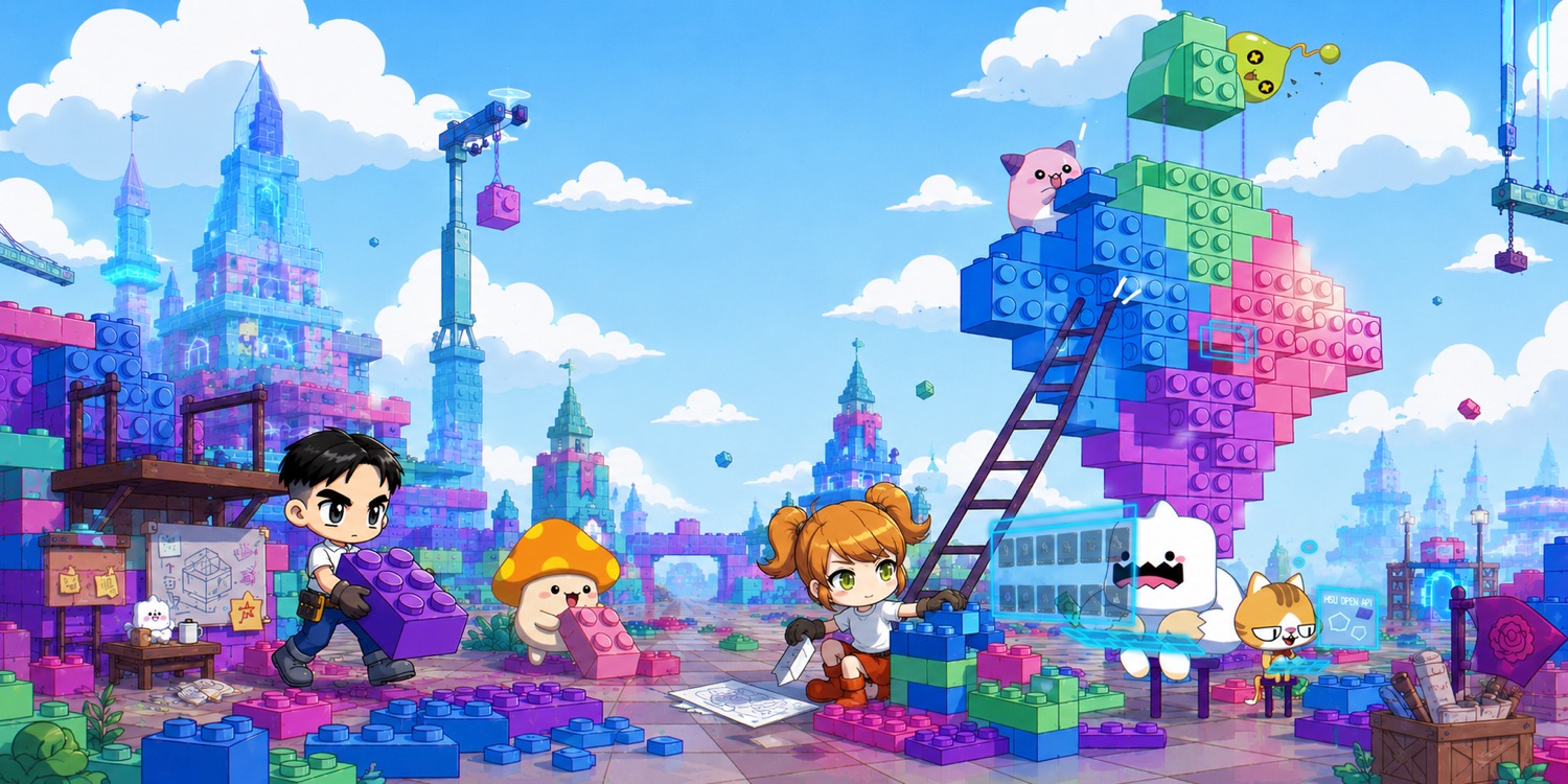MapleStory characters building a city out of giant coloured blocks: one carries a block across a plaza, another climbs a ladder up a half-built tower, with mushroom and cat companions helping and castles rising in the background