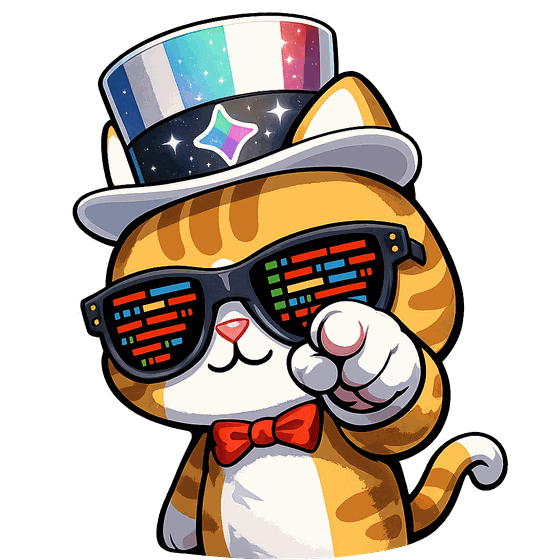 A cat in a starry top hat and pixel sunglasses pointing at you